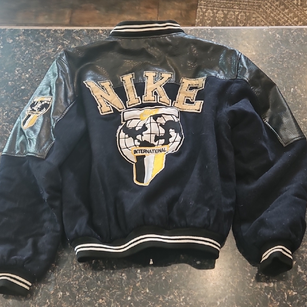 Nike Men's Black/Navy Varsity Jacket with Logo Patch Vintage